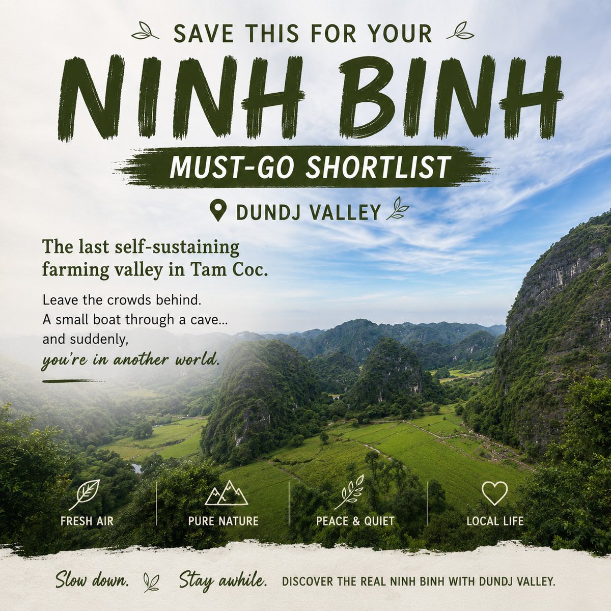 BtlDlsz's tweet photo. Dundj Valley feels untouched. Beyond the cave, a small boat leads to a hidden valley where one family lives simply, surrounded by limestone peaks, fresh air, home-cooked meals, and true quiet. Add it to your Ninh Binh list. https://t.co/ad9VLjLYq2
