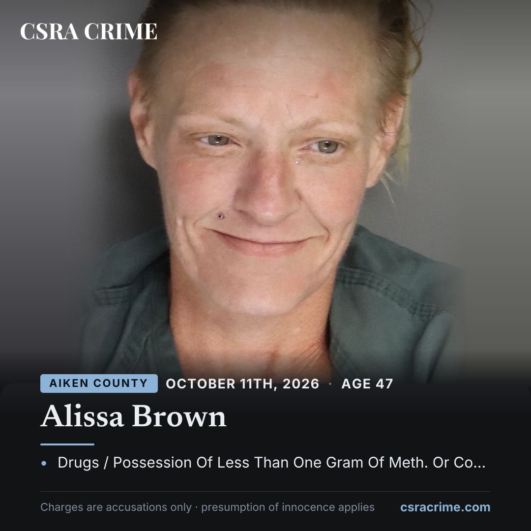 csracrime's tweet photo. Booked in Aiken County: Alissa Brown. Top charge: Drugs / Possession Of Less Than One Gram Of Meth. Or Cocaine Base, 1st Offense. Presumption of innocence applies.

#CSRACrime #Aiken

https://t.co/tAvzShseG0 https://t.co/IYRGCOXjpQ