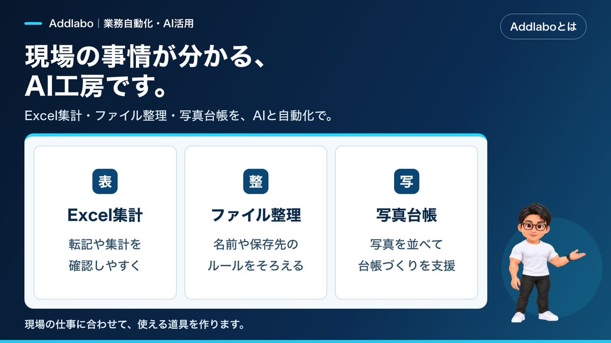 Addlabojp's tweet photo. 小さな会社の「毎月の手作業」を、ボタン1つの道具に変える。それがAddlaboです。写真台帳、出面や経費の集計、Excelの転記。月末の事務を、一緒に減らしましょう。
無料モニター募集中。くわしくは固定ポストで。 https://t.co/hNNvIeUbGb