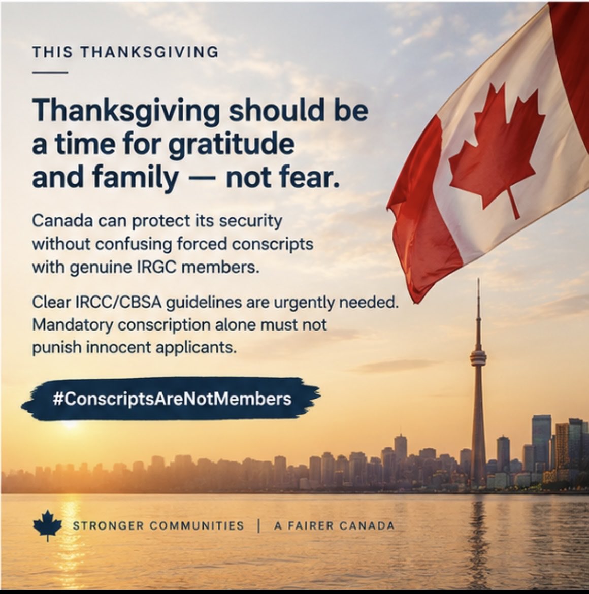 Jahangiri2009's tweet photo. Thanksgiving should be a time for gratitude and family—not fear that a parent may be deported because of compulsory conscription decades ago. Canada can protect its security without confusing forced conscripts with genuine IRGC members. Clear IRCC/CBSA guidelines are urgently needed. Mandatory conscription alone must not punish innocent applicants.

@MarkJCarney @PierrePoilievre @LenaMetlegeDiab

#ConscriptsAreNotMembers