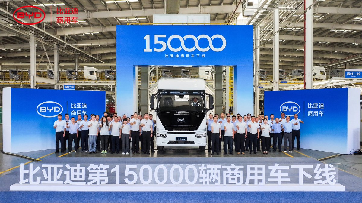 BYDGlobal's tweet photo. On October 9, BYD's 150,000th new energy commercial vehicle, the Electric Truck Tractor Q3, rolled off the line in China.

With innovative electric technologies for commercial vehicles, BYD will continue to contribute to sustainable transportation. #BYD #BuildYourDreams https://t.co/xqV1KqR1gE