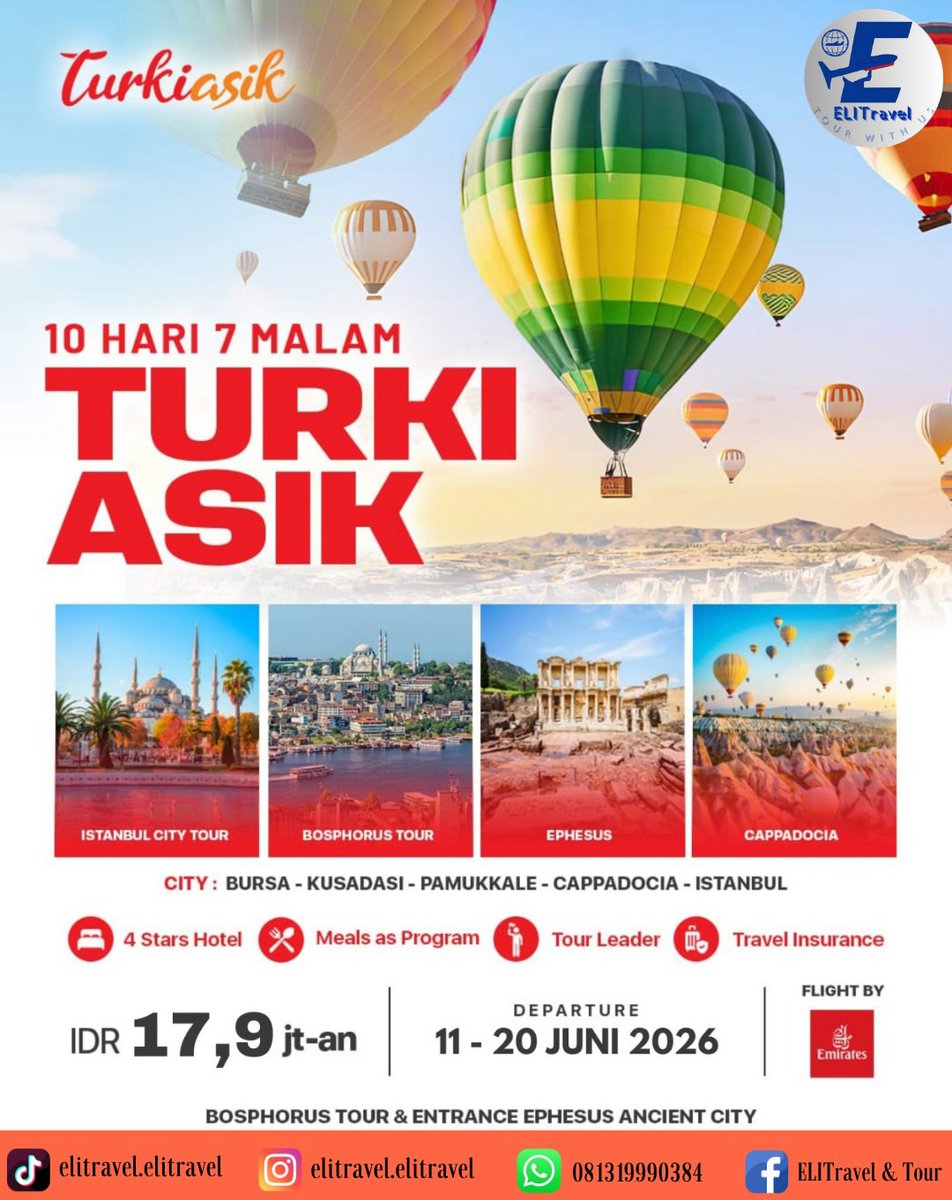 blackwoodd's tweet photo. TURKI ASIK 10 Hari 7 Malam

Jelajahi Istanbul, Bosphorus, Ephesus, Pamukkale, dan Cappadocia. Termasuk Emirates, hotel bintang 4, makan, tour leader, asuransi, dan tiket Ephesus. 11–20 Juni 2026 mulai IDR 17, 9 jt
28 Juni–7 Juli 2026 mulai IDR 19, https://t.co/Me88SdhZmt
