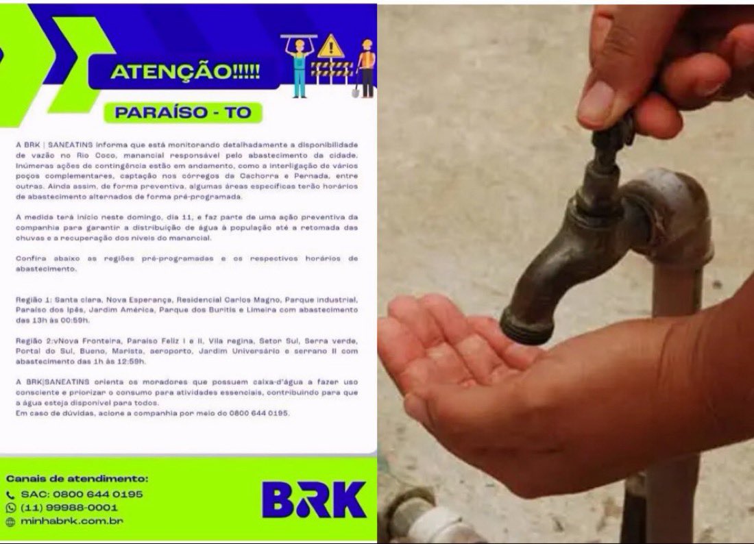 paraisonograle's tweet photo. 🚨Abastecimento de água: vários setores de Paraíso não aparecem no pré-cronograma divulgado pela BRK

➡️Pouso Alegre, Serrano I, Jardim Paulista, Milena e outros bairros não aparecem no cronograma de rodízio, e a população questiona https://t.co/lcskX2mHM8