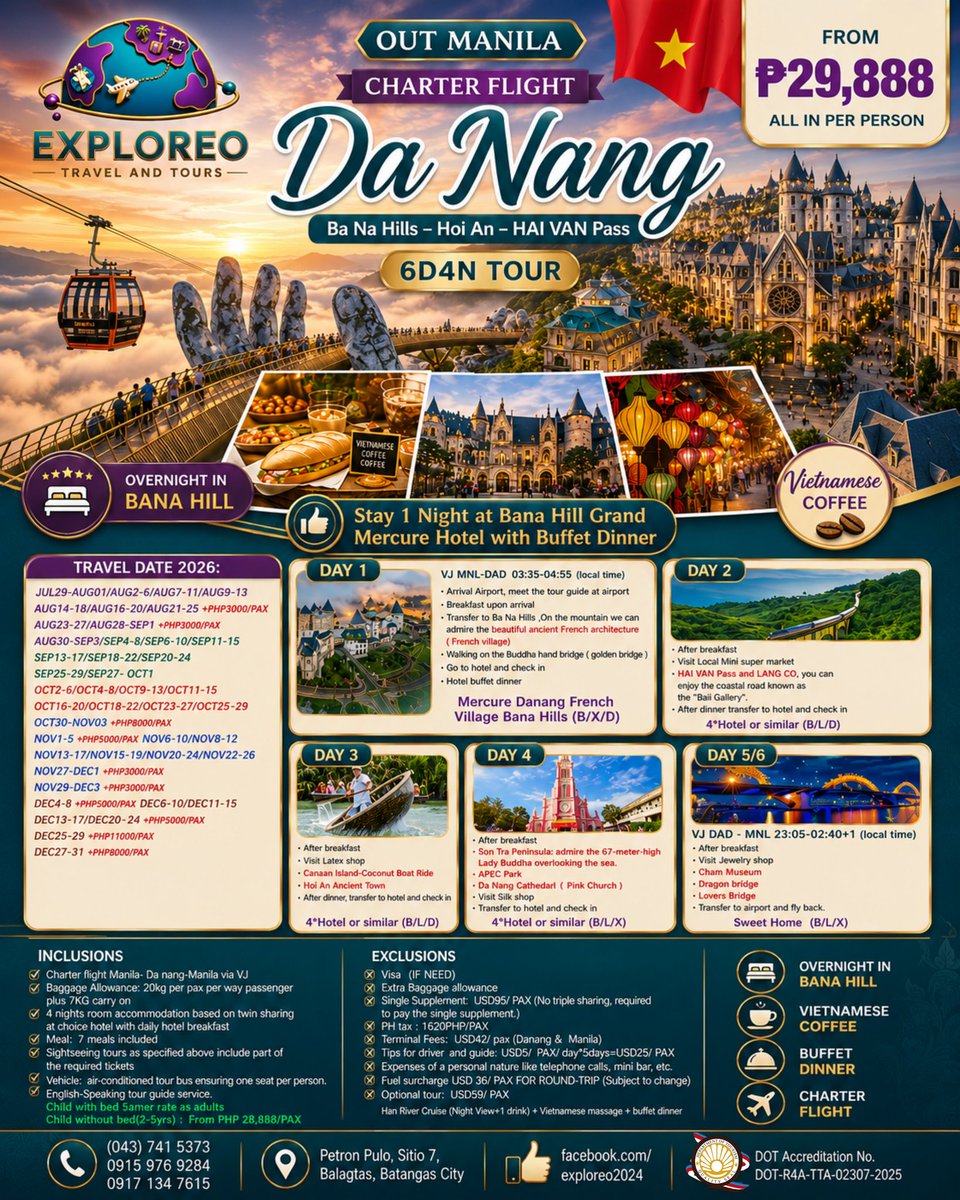 CariSmcii's tweet photo. Da Nang, Vietnam is calling! Explore Ba Na Hills, Golden Bridge, Hoi An, Hai Van Pass, and Da Nang on a 6D4N tour from ₱29, 888 all-in per person. 2026 dates available. Message us to reserve your slot. https://t.co/09q9Arykq4