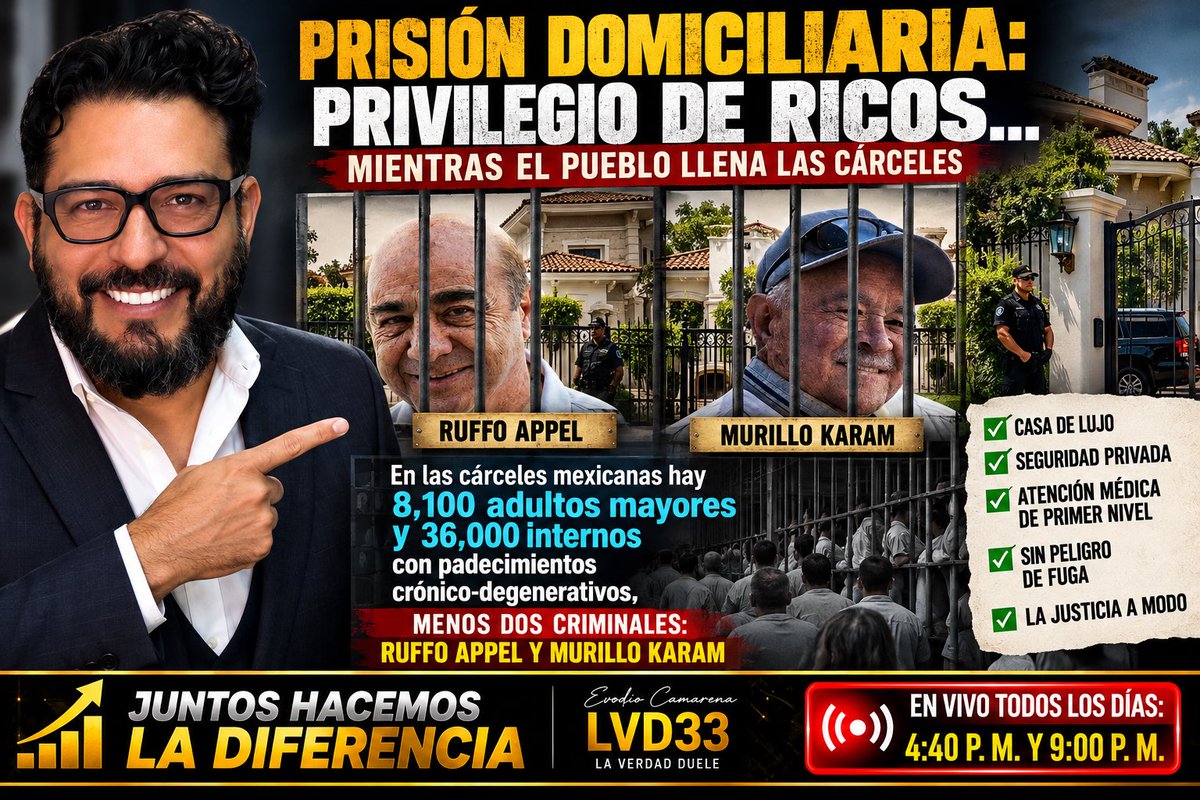 evodio33's tweet photo. ¡IMPUNIDAD DE CUELLO BLANCO EN SU MÁXIMA EXPRESIÓN! EL ARRAIGO DOMICILIARIO COMO PREMIO A LA VIEJA POLÍTICA ⚖️🏰💸📉🇲🇽

La indignación social tiene fundamentos de sobra cuando se observa cómo la justicia se vuelve blanda, complaciente y acomodaticia para los personajes del poder, mientras que para el pueblo de a pie se aplica todo el peso de la ley. 

La ciudadanía sigue esperando una respuesta clara y transparente por parte de la Fiscalía General de la República (FGR) para explicar por qué figuras emblemáticas del viejo régimen, como Jesús Murillo Karam y Ernesto Ruffo Appel, gozan de la comodidad del arraigo domiciliario en lugar de cumplir su proceso tras las rejas de una prisión federal.

Resulta un insulto a la memoria colectiva y a la justicia mexicana que estos delincuentes de cuello blanco permanezcan tranquilos en sus residencias de lujo, sin padecimientos graves que justifiquen semejante concesión, recibiendo visitas, comiendo lo que se les antoje y disfrutando de privilegios costeados históricamente con los impuestos de las y los mexicanos. 

Mientras miles de personas sin recursos procesales permanecen privadas de la libertad en penales sobrepoblados, las cúpulas políticas siguen encontrando resquicios legales para evadir la cárcel real.

El pueblo no exige venganza ni espectáculos mediáticos; exige justicia seca, contundente e inmediata sin distinciones de clase ni de fuero. 

Los pactos de impunidad y las comodidades residenciales para quienes dañaron al país deben terminarse de golpe si verdaderamente se busca transformar el sistema de justicia en México.

¿Hasta cuándo las instituciones van a tratar con pinzas a quienes saquearon y lastimaron a la nación? ¡Exigimos cárcel inmediata y sin privilegios para los que lucraron a costa del Estado! 🛑🔨📜🗣️

Infórmate con Evodio Camarena, en vivos diario 4:40 PM. y 9:00 PM. Noticias y política de México sin filtro. 
Incómodas y análisis profundos.

#evodiocamarena
#laverdaduele33
#MurilloKaram
#RuffoAppel
#CarcelSinPrivilegios
#ImpunidadDeCuelloBlanco
#
¿Y tú qué piensas?