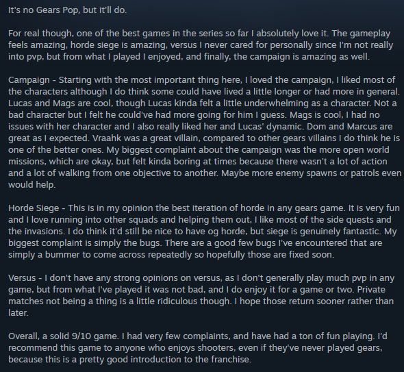 ButchLesbianGam's tweet photo. my gears eday review. to add to this ill say performance was kinda iffy here and there but im on like a bare minimum pc for this game so the fact im even able to play and get usually decent frames is surprising to me when most new games i cannot run hardly at all. https://t.co/Ivr6UmBIp6