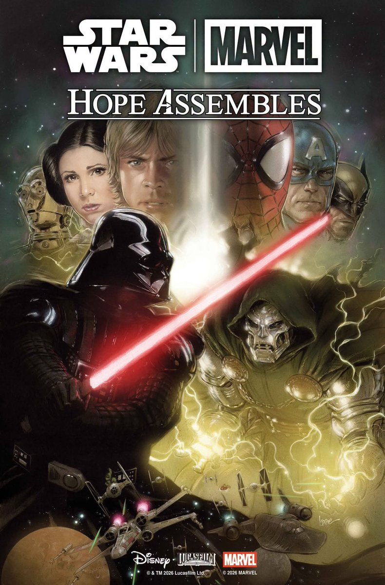 bibliotecaJedi's tweet photo. Portadas del próximo cruce especial de cómic en celebración del 50° Aniversario de la saga galáctica que saldrá en USA a partir de enero 2027: STAR WARS X MARVEL https://t.co/QzAi1JW4x1