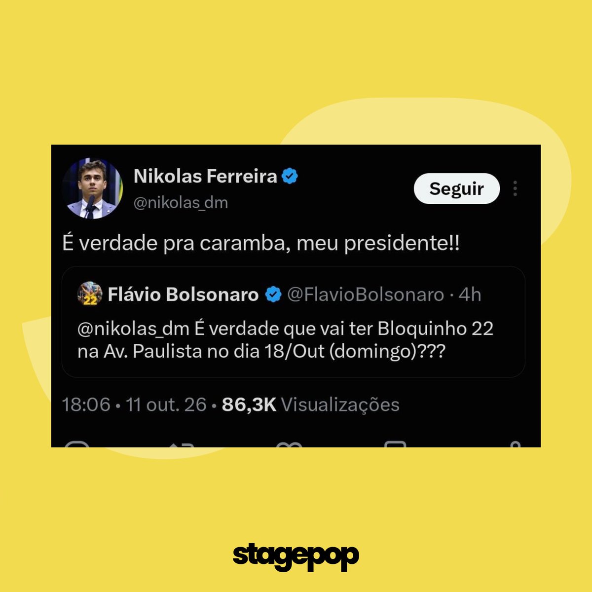 stagepopbr's tweet photo. 🚨 URGENTE: Flávio Bolsonaro e Nikolas Ferreira anunciam ato na Avenida Paulista para 18 de outubro, mesma data em que está previsto um ato nacional dedicado ao PT, partido do presidente Lula. https://t.co/MeEpF9qNL5