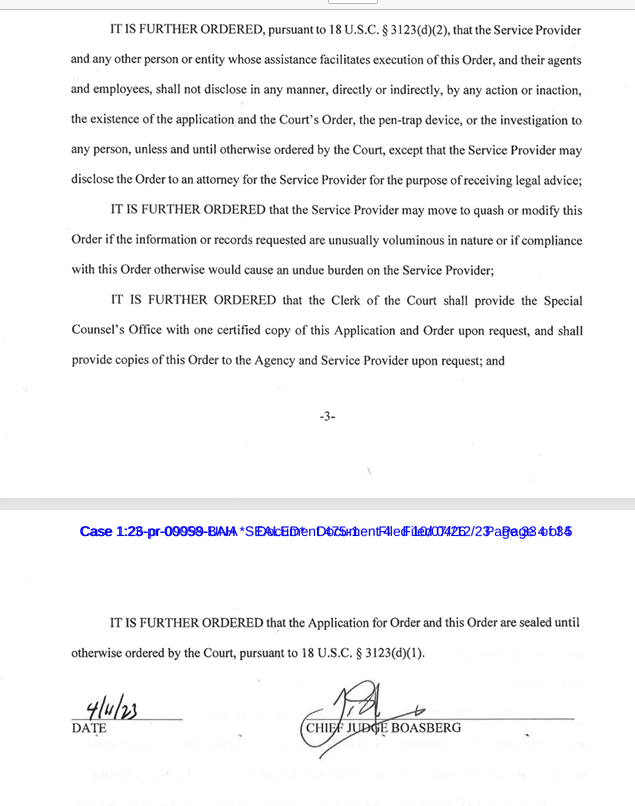 julie_kelly2's tweet photo. NEW: I suggested last week that we should see the application for Susie Wiles' pen register and trap/trace by Jack Smith. I also said those applications were likely signed by Beryl Howell then Jeb Boasberg, who took over as DC chief judge in March 2023.

New disclosures by White House transparency task force and @jsolomonReports confirm: