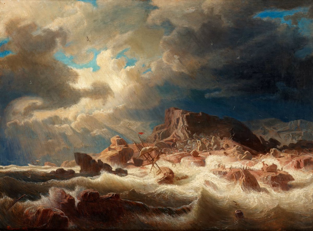 DailyClassicArt's tweet photo. Marcus Larsson - "Stormy sea with ship wreck" (1857) https://t.co/YmWRJY0TeL