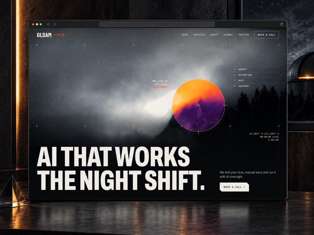 JohnNicholsonIO's tweet photo. GLOAM, my Framer template for AI agencies.

A thermal lens over a foggy forest, condensed type and orange-purple accents. Home, Work and Services share the night-shift theme.

Fictional agency demo:
https://t.co/gmBYvYZ0oD

#Framer #WebDesign https://t.co/6A9bbOfzKX