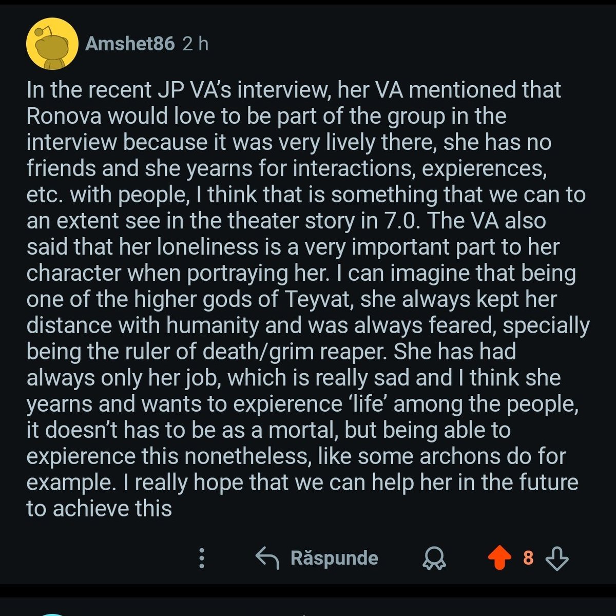 KeitaroTR's tweet photo. 🚨 La VA de Ronova puede haber adelantado que volverá… y quizá como jugable

En una entrevista, la seiyuu japonesa contó que Ronova querría formar parte del grupo: no tiene amigos y anhela interacciones y experiencias con la gente

También dijo que la soledad es clave en su personaje. Como diosa de la muerte, siempre estuvo alejada y fue temida. Solo tenía su trabajo

Ahora parece que quiere “vivir” entre las personas, aunque no sea como mortal

¿La veis volviendo en la trama… o directamente en un banner?