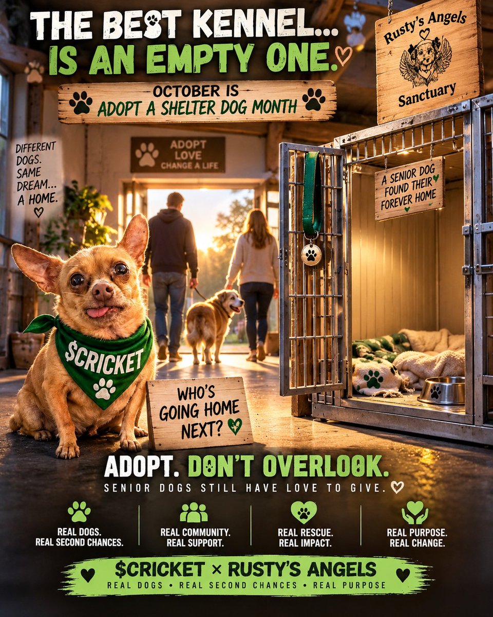 joseph_ath87117's tweet photo. October is Adopt a Shelter Dog Month 🐾💚

Somewhere, a dog is still waiting for someone to walk through that door and choose them.

A home.
A soft bed.
A family.
A second chance.

$CRICKET stands for the dogs still waiting , and the people at @RustysAngels who refuse to give up on them.

You may not change every dog’s world.
But you can change the world for one. 🐶💚
