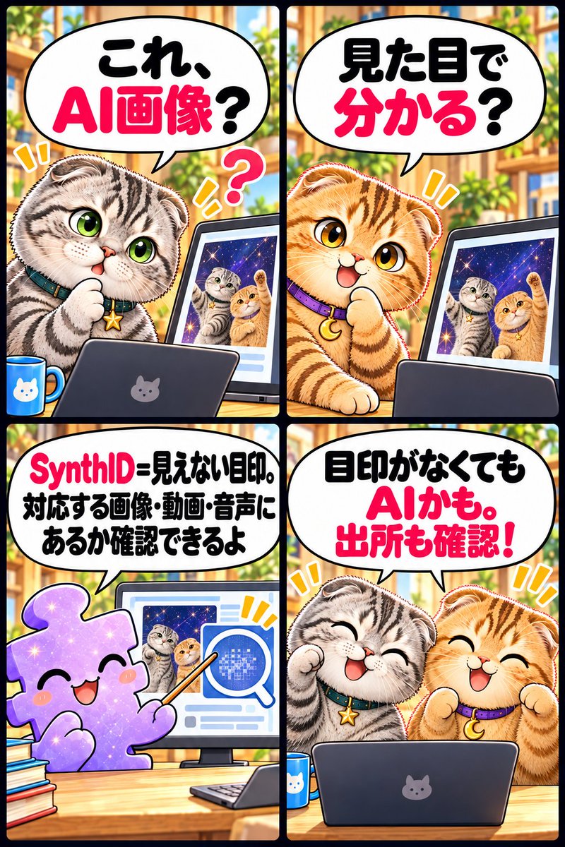 works_tommy2's tweet photo. 【今日のAI・SNS注目情報】
GoogleのSynthID Detectorが英語で世界提供。SynthID（AI生成メディアに埋め込む見えない目印）が画像・動画・音声にあるか確認できます。
ただし対応する目印だけ。見つからない＝人の作品、とは限らないにゃぁ〜。出所も確かめようにゃん。
https://t.co/ffDOg2dd6l
#AI初心者