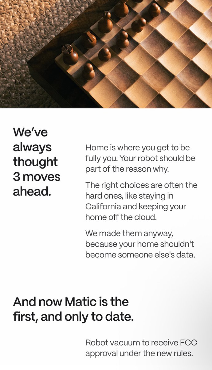 Guiwhey's tweet photo. While they play checkers, Matic plays chess.
First and only robot vacuum approved by the FCC under the new rules. Built in California, and your home map stays off the cloud.
Grab the Annual Bag Pass with my referral:
https://t.co/7IMhRP7wHP
@maticrobots https://t.co/zLoGCdMW2z