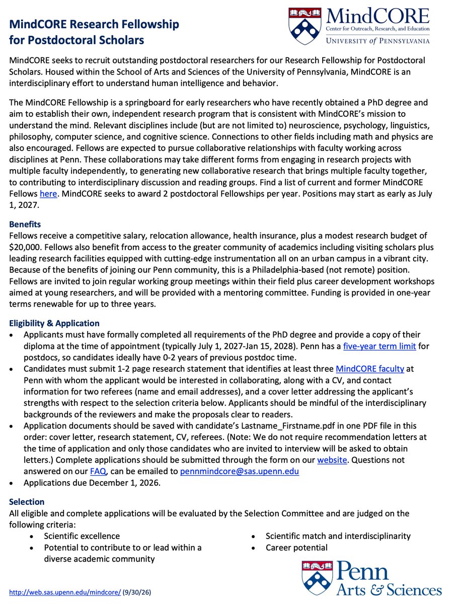 jplotkin's tweet photo. Opportunity: Penn MindCORE Fellowship!

MindCORE seeks to recruit outstanding postdoctoral researchers for our Research Fellowship for Postdoctoral Scholars. Housed within the School of Arts & Sciences of the University of Pennsylvania, MindCORE is an interdisciplinary effort to understand human intelligence and behavior.

Applications due December 1, 2026.

https://t.co/C9K1kWTOI2