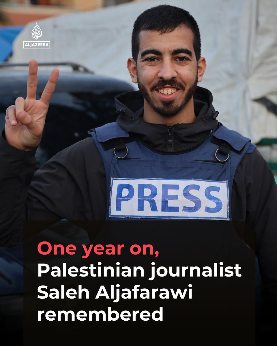 AJEnglish's tweet photo. A year has passed since Palestinian journalist Saleh Aljafarawi was killed in Gaza City, just days after a "ceasefire" agreement between Israel and Hamas. His death remains a reminder of the violence endured by journalists reporting from Gaza.

More on https://t.co/MbrRGkFd1I https://t.co/qNrkCZ0AvD