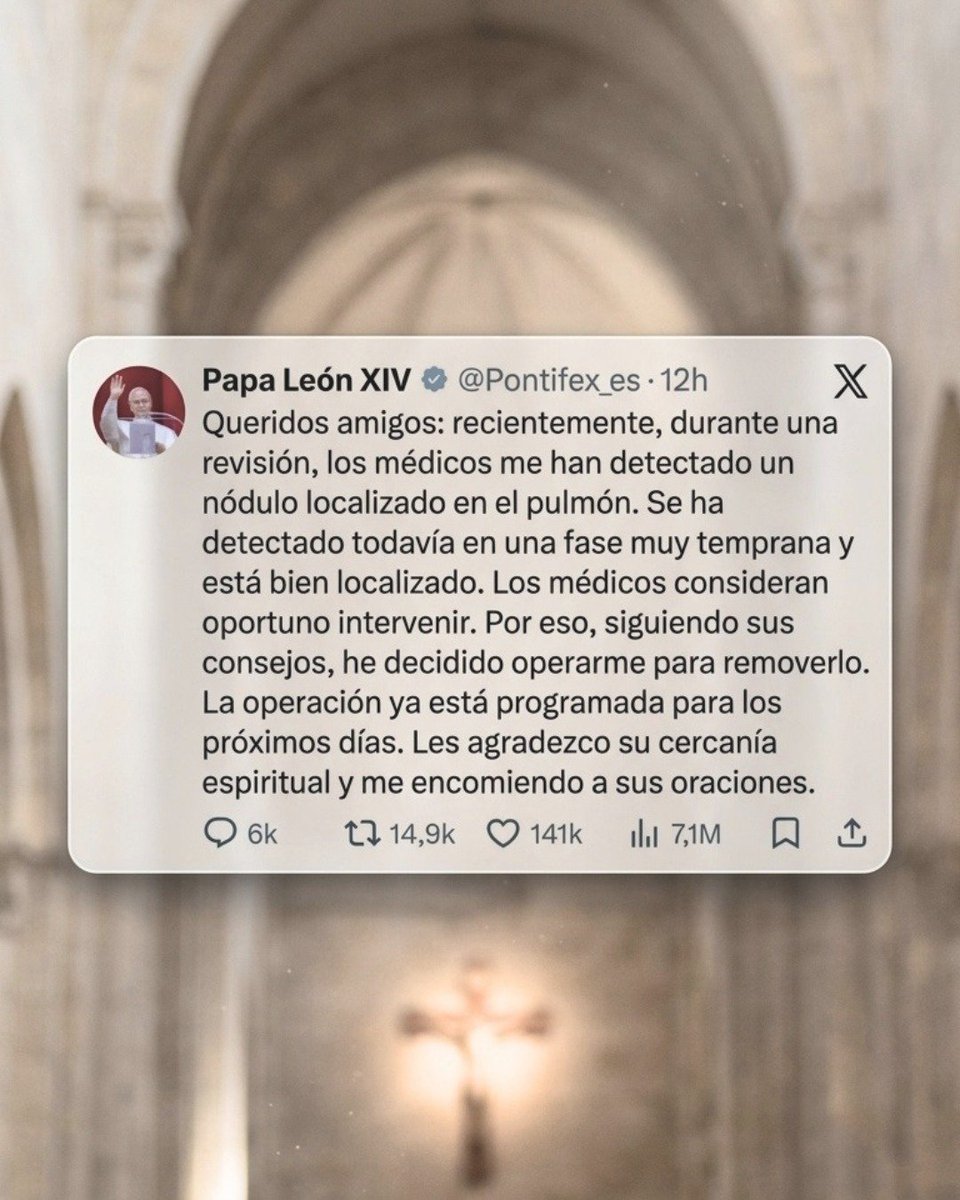 BiagioPilieri's tweet photo. Elevamos nuestras oraciones por la salud y pronta recuperación del Papá León XIV. @Pontifex_es

Confiamos plenamente en los designios y la sanacion de Dios. 👏🏼 https://t.co/pvBLDvWcvC