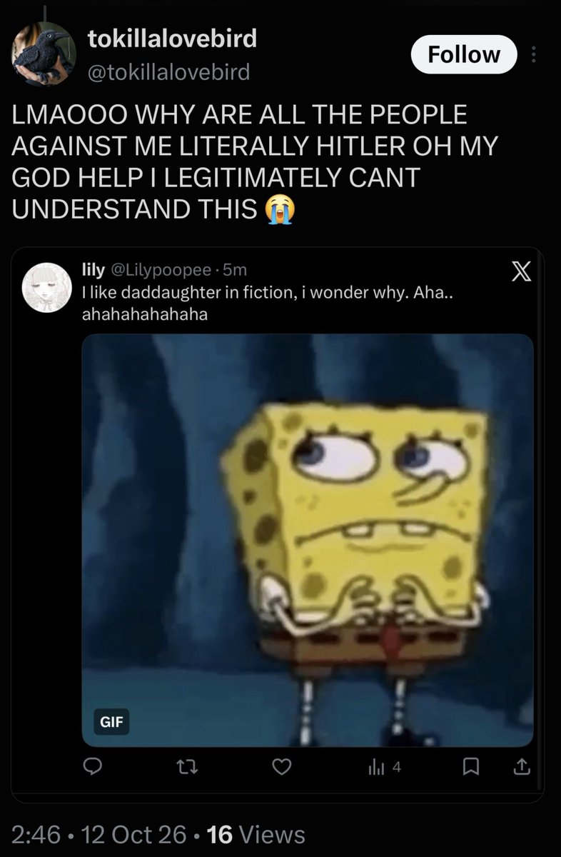 mechabatz's tweet photo. kyla / tokillalovebird has admitted to raping someone but shipping fiction means you are literally hitler https://t.co/UrLxNn1uPR