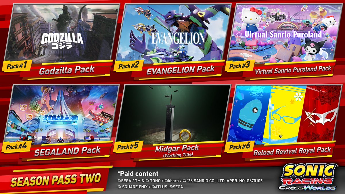 Stealth40k's tweet photo. Sonic Racing: CrossWorlds DLC Lineup:

- Godzilla Pack
- Evangelion Pack
- Virtual Sanrio Puroland Pack
- Sega Land Pack
- Midgar Pack
- Reload, Revival, Royal Pack https://t.co/xKhUfRacZe