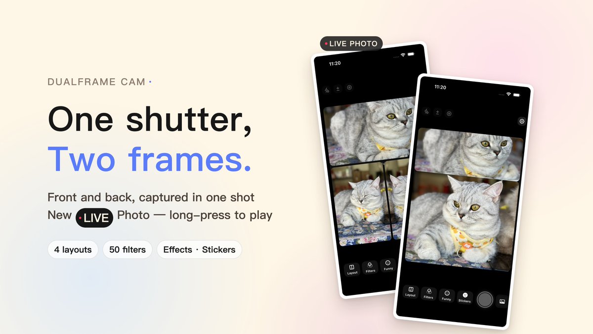yang_dev_app's tweet photo. One shutter, two frames — and now a Live Photo.
DualFrame Cam 3.0 is live on the App Store. Front + back captured together, new Live Photo toggle, long-press to play
in Photos or your camera roll. 50 filters, 4 layouts, effects &amp; stickers built in.
Update or install today. https://t.co/7a6tDlP2fg