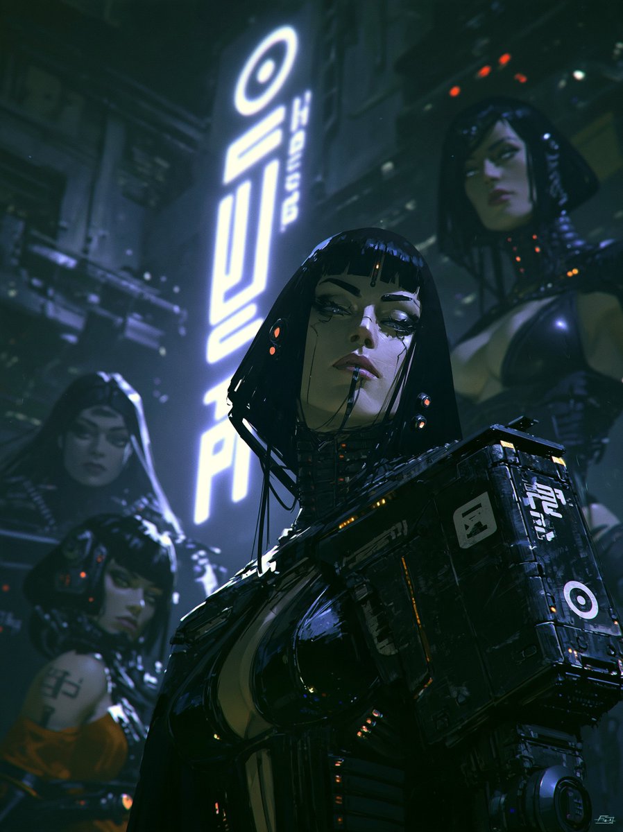 zhouzanpeng2's tweet photo. This is a piece of digital art depicting four women with black hair in an anime style, set against a dark, futuristic backdrop. --ar 3:4 --raw --profile qbp92nk --stylize 101 --hd --v 8.2 https://t.co/6SKj2I0IJY