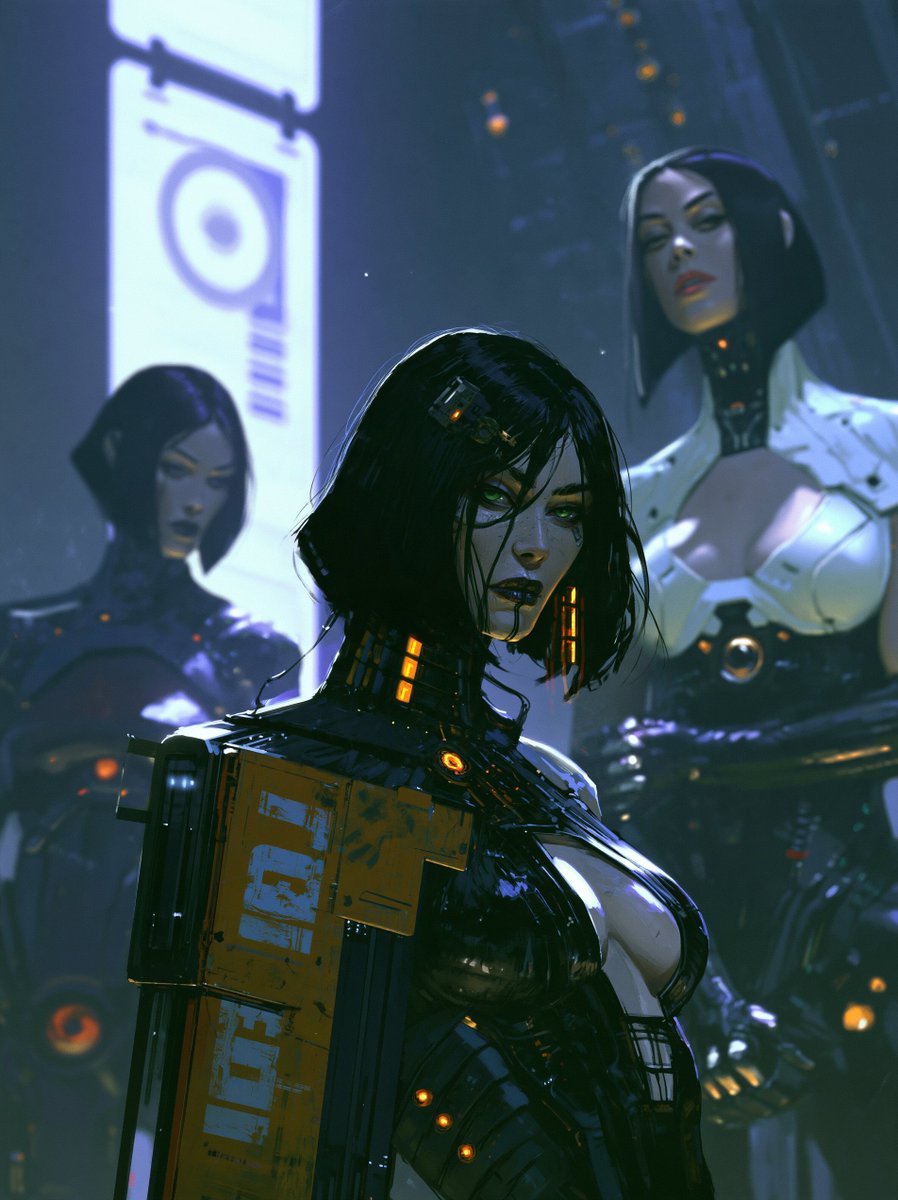 zhouzanpeng2's tweet photo. This is a piece of digital art depicting four women with black hair in an anime style, set against a dark, futuristic backdrop. --ar 3:4 --raw --profile qbp92nk --stylize 101 --hd --v 8.2 https://t.co/6SKj2I0IJY