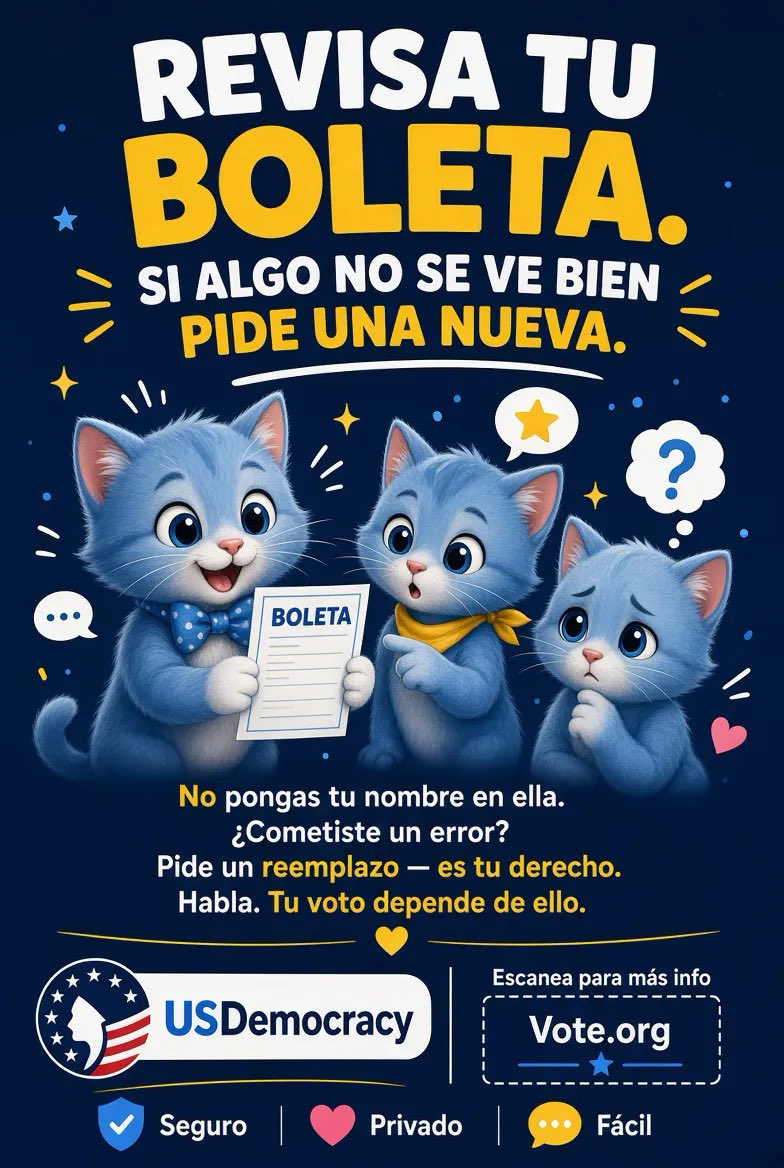 TommasinaResist's tweet photo. Share everywhere!
BOLETA PROVISIONAL
¡ES LA LEY!
Revisa tu boleta.
Si algo no se ve bien, pide una nueva.
No pongas tu nombre en ella. Habla.
Tu voto depende de ello.
Pide una boleta provisional. ¡Es la ley!
BOLETA PROVISIONAL
#USDemocracy #VotoLatino
https://t.co/iyRouuqb7o https://t.co/WQHX3PGavS
