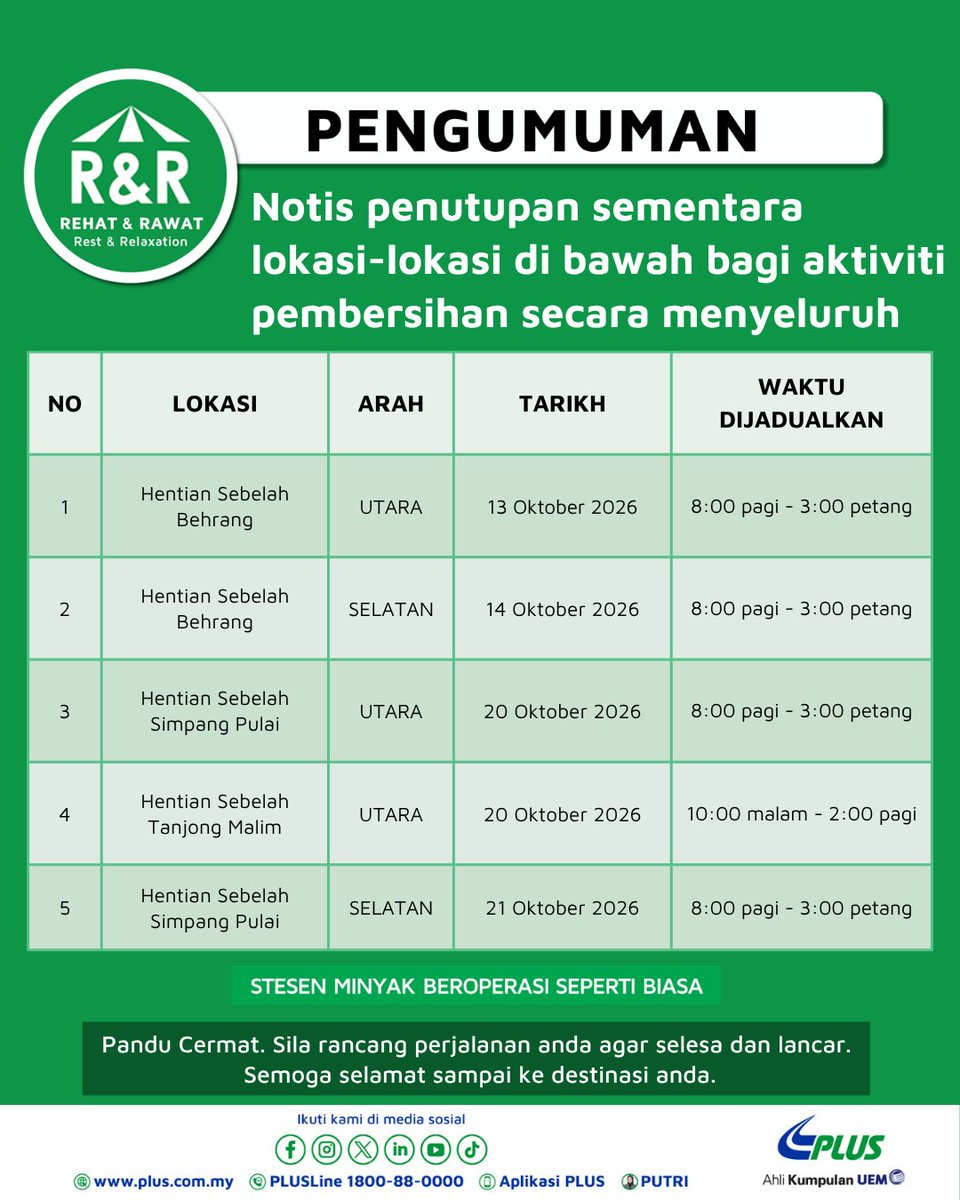 plus2u's tweet photo. PEMBERITAHUAN

Penutupan sementara lokasi-lokasi di bawah untuk aktiviti pembersihan secara menyeluruh.

Sila rancang perjalanan anda dan pandu dengan berhati-hati.

#Pembersihan
#PLUS_comfort https://t.co/f0jUr69xdu