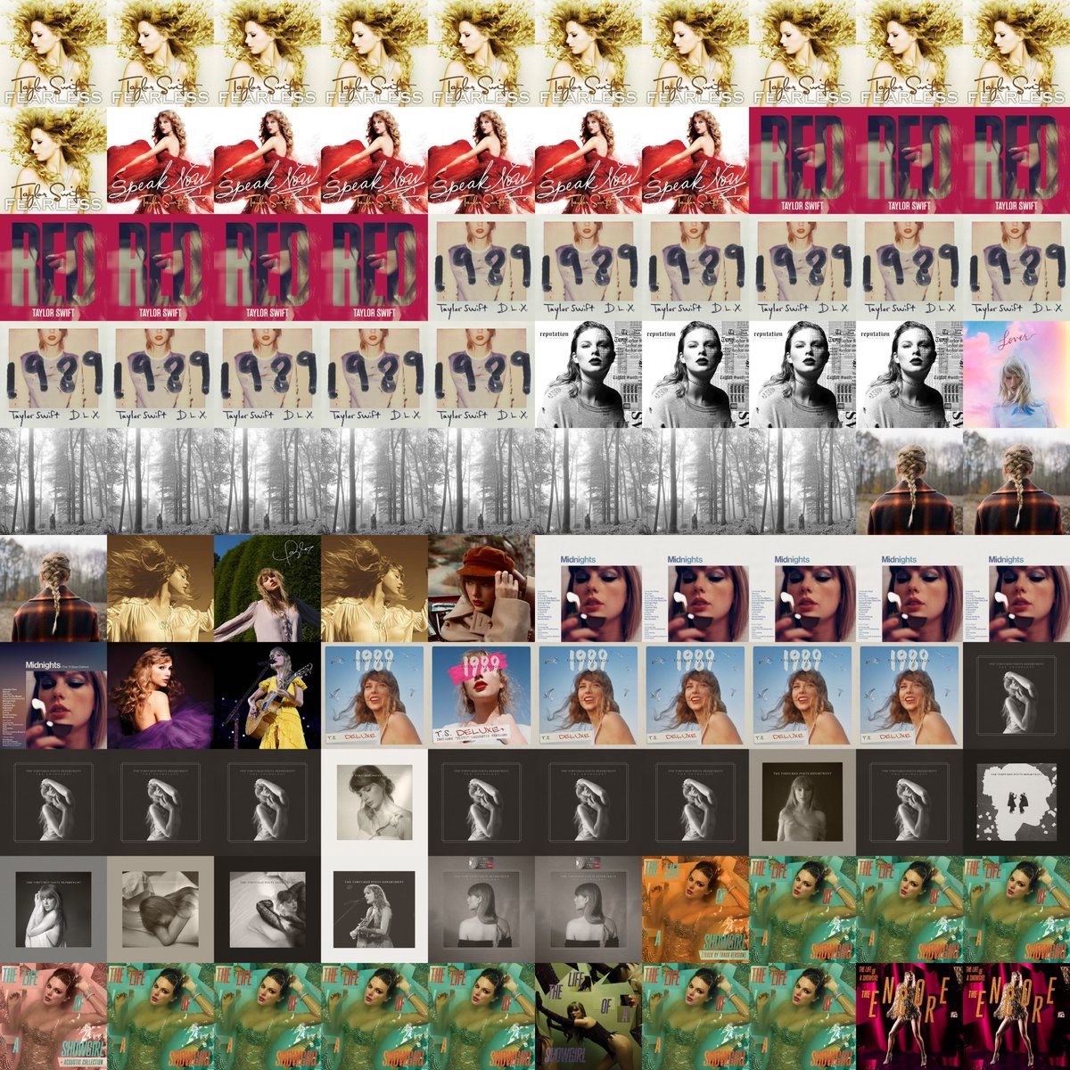 PANCAKEBUFFAL0's tweet photo. All 100 of Taylor Swift's weeks at #1 on the Billboard 200 visualized by album, including variant album covers for weeks in which they were significant: https://t.co/mBa7h8NWx0