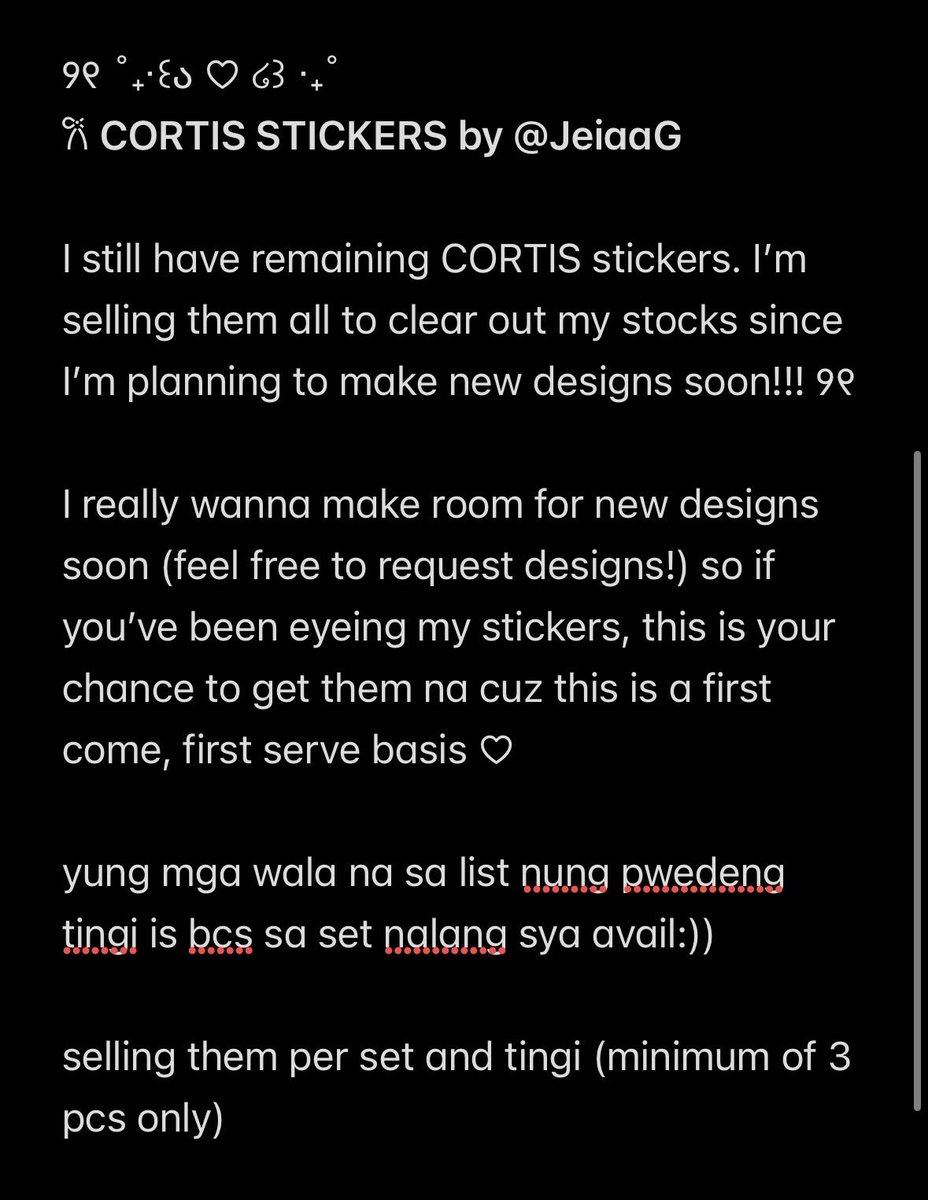 JeiaaG's tweet photo. ⋆｡°✩ wts lfb ✩°｡⋆

Stickers ⋆˚꩜.ᐟ 

-+Isf
-payo/3days dop
-dm or reply to claim!
-attached pics for deets

(might print more of these specific designs soon pero baka soon pa so for now diz is limited stocks onli)

t. cortis stickers martin juhoon james keonho seonghyeon https://t.co/z64jZmdXdb
