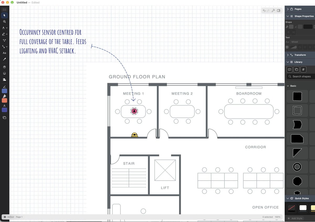 McQInteractive's tweet photo. Today I'm creating another free shape library ... this one for people who monitor buildings for energy performance and need a quick sketch or two without cranking up the usual serious, BORING software apps. 

If building energy monitoring is your area, can I have your thoughts?

How I imagine you using these: drag a floor plan png into SimpleD and then layer on shapes from this library ( sensors, hubs, meters, etc.) to show what’s installed or proposed. Then you've got a sketch for your  “where should the CO2 sensors go” conversation at 2pm today.

If this library idea sounds interesting, what shapes would be helpful? Which devices do you place most often? So far I've got some basic shapes for occupancy, temperature, humidity, CO2, air quality, daylight, window contacts and submeters. What else would help you communicate quickly?

Comment or message me, and I’ll share the draft set with anyone who wants to pick it apart.

https://t.co/Yj9OTWcJyK

#simplediagrams #simplediagrams #smartbuildings #buildingautomation #energyefficiency #facilitiesmanagement
