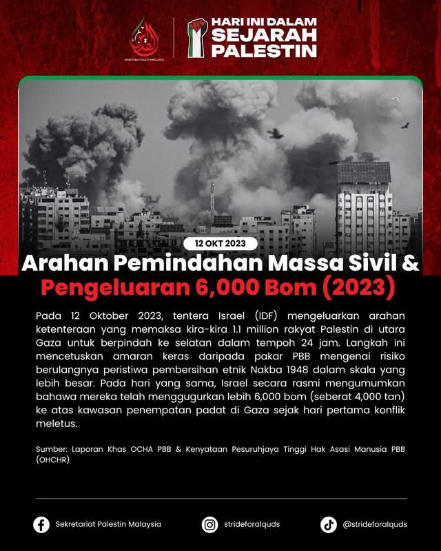 Stride4Alquds's tweet photo. 📅 12 OKT – HARI INI DALAM SEJARAH PALESTIN

🩸 12 Okt 1953 — Jenayah Perang Pembantaian Kampung Qibya

🛑 12 Okt 2004 — Operasi Kemanusiaan Bersama Sufa-Rafah

📦 12 Okt 2023 — Arahan Pemindahan Massa Sivil &amp; Pengeluaran 6,000 Bom https://t.co/iDKpNdoo1n