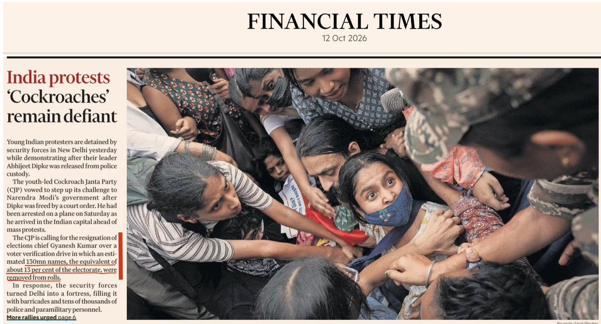 deepakdeepak's tweet photo. It is not stopping, protests day after day, people are unhappy over the questionable role played by the election commission of India.

“A voter verification drive in which an estimated 130 mn names, the equivalent of about 13% of the electorate were removed from rolls.”

“In response the security forces turned Delhi into a fortress, filling it with barricades and tense of thousands of police and military personnel.”

“Following a week of protests demanding the resignation of the head of the election commission, Gyanesh Kumar over a controversial voter verification drive.”

“More rallies urged.”

#protests #electioncommissionofIndia