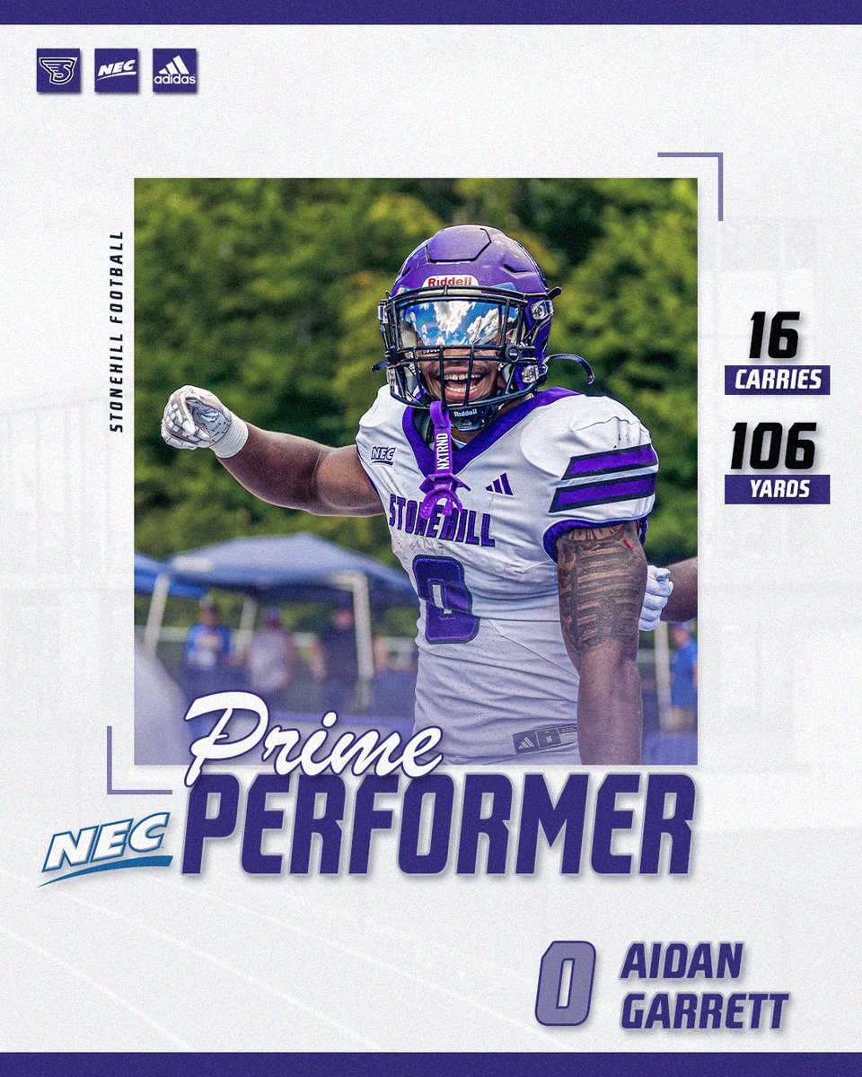 StonehillFB's tweet photo. With his 106 rushing yards last week, Aidan Garrett is a @NECFootball Prime Performer!!

#GoHill #NECFB #DIG https://t.co/FDsQlvUSYW