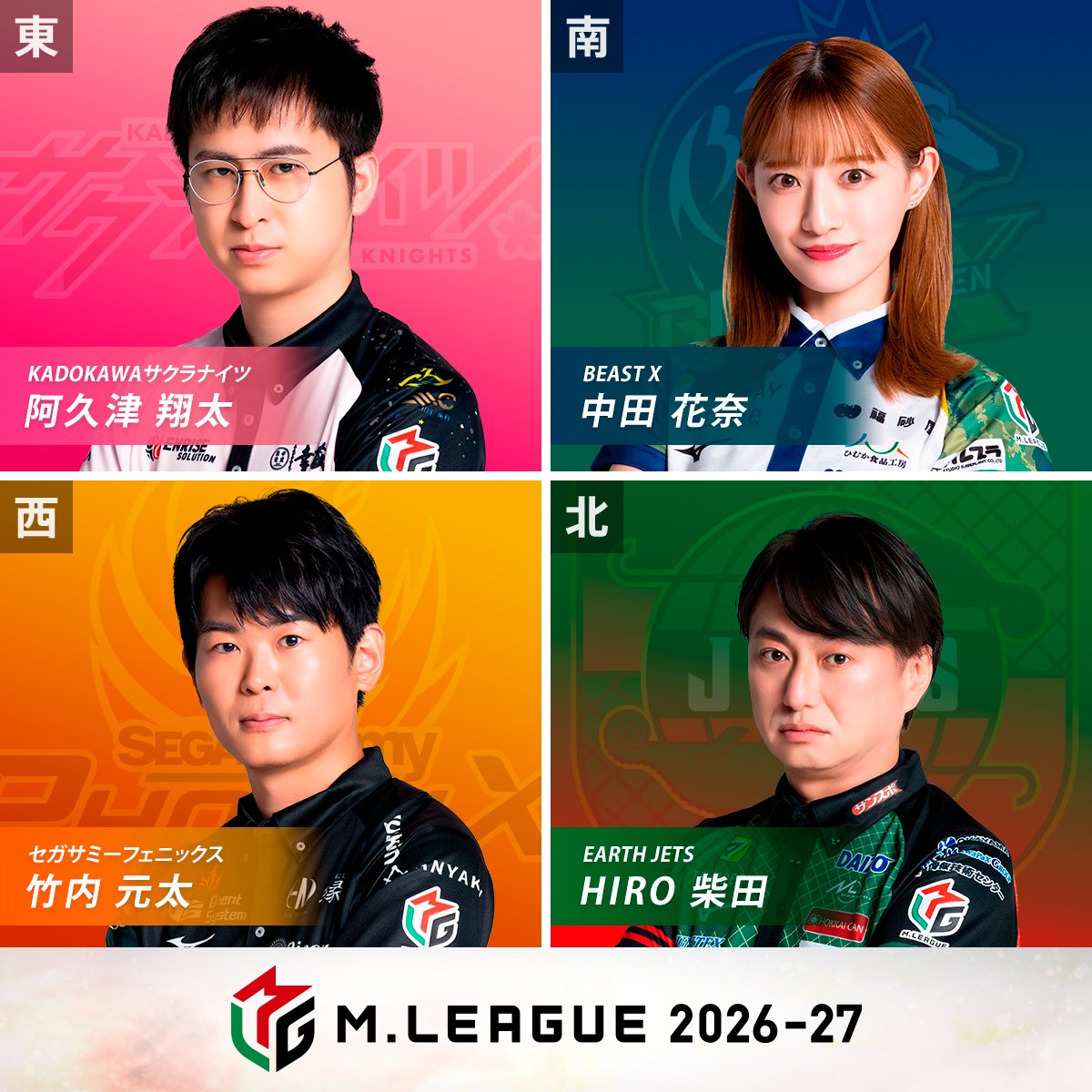 m_league_'s tweet photo. 【２卓同時開催】

大和証券 #Mリーグ 2026-27
10/12(月) レギュラーシーズン17日目

🀄麻雀ch🀄
第1️⃣試合の出場選手発表

東家：#阿久津翔太
KADOKAWAサクラナイツ

南家：#中田花奈
BEAST X

西家：#竹内元太
セガサミーフェニックス

北家：#HIRO柴田
EARTH JETS

実況：#松嶋桃
解説：#小林剛