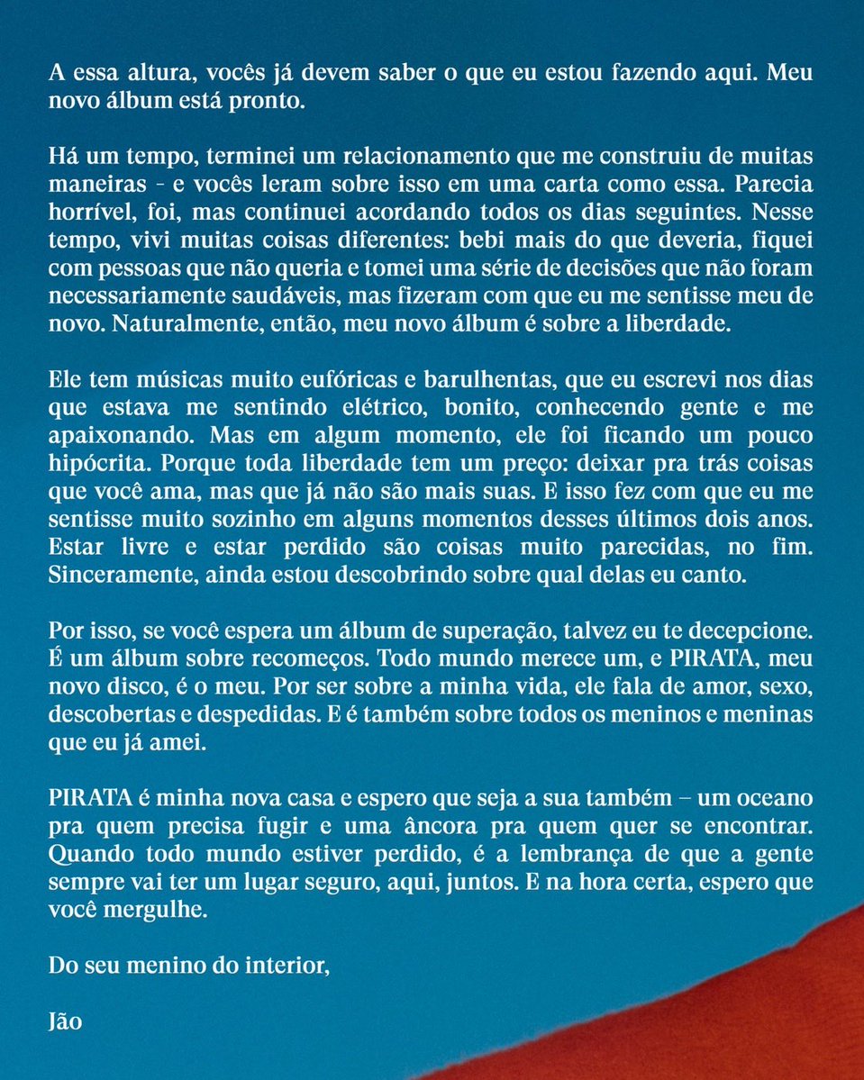 teamjao's tweet photo. “Quando todo mundo estiver perdido, é a lembrança de que a gente sempre vai ter um lugar seguro, aqui, juntos.” 

Há cinco anos, Jão publicava a carta aberta de PIRATA. 🦈🏴‍☠️ https://t.co/9kzS5ceSt3
