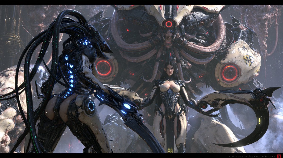 zhouzanpeng2's tweet photo. biopunk female mecha recovery agent confronting a gigantic runaway bio-weapon in an abandoned reactor cathedral, fleshy mechanical structures hanging from the ceiling, pulsating organic cables, sacred industrial architecture, biohazard mist, she stands in a defensive stance with symbiotic blade arms extended, glowing spinal implants, cinematic boss encounter scene, epic scale, dramatic perspective, dark biopunk aesthetic, ultra detailed, concept art --chaos 20 --ar 16:9 --raw --profile 95xtahs vd84qzf --stylize 450 --hd --v 8.2