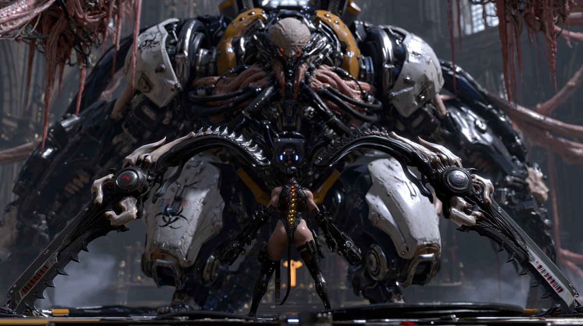 zhouzanpeng2's tweet photo. biopunk female mecha recovery agent confronting a gigantic runaway bio-weapon in an abandoned reactor cathedral, fleshy mechanical structures hanging from the ceiling, pulsating organic cables, sacred industrial architecture, biohazard mist, she stands in a defensive stance with symbiotic blade arms extended, glowing spinal implants, cinematic boss encounter scene, epic scale, dramatic perspective, dark biopunk aesthetic, ultra detailed, concept art --chaos 20 --ar 16:9 --raw --profile 95xtahs vd84qzf --stylize 450 --hd --v 8.2