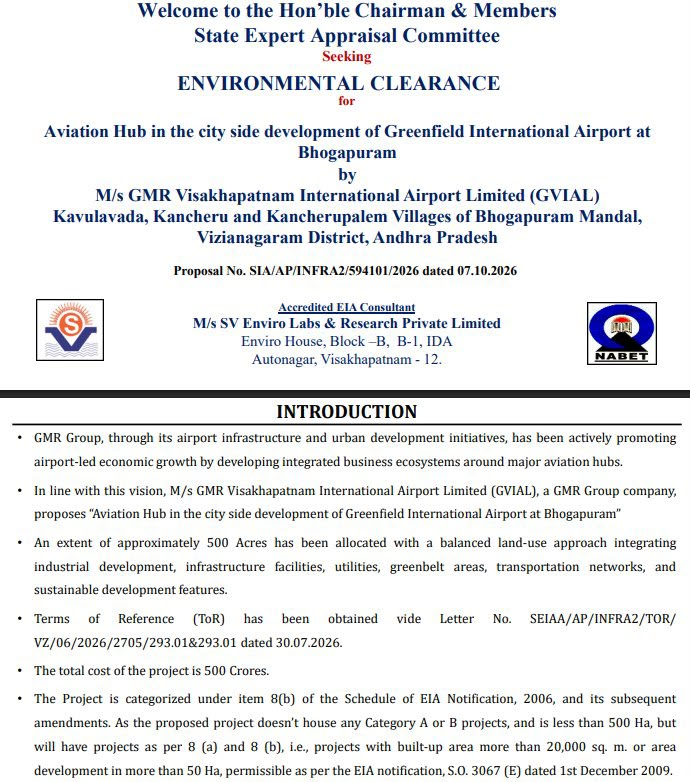 NRITDPAtlanta's tweet photo. GMR seeks Environmental Clearance for a proposed 500-acre Aviation Hub near Bhogapuram Airport, paving the way for a potential aviation and logistics powerhouse in the region.
Bhogapuram - The new era of aviation-led development! 

#BhogapuramAirport #GMR #AviationHub #TDP https://t.co/wJxvv8O9Zp