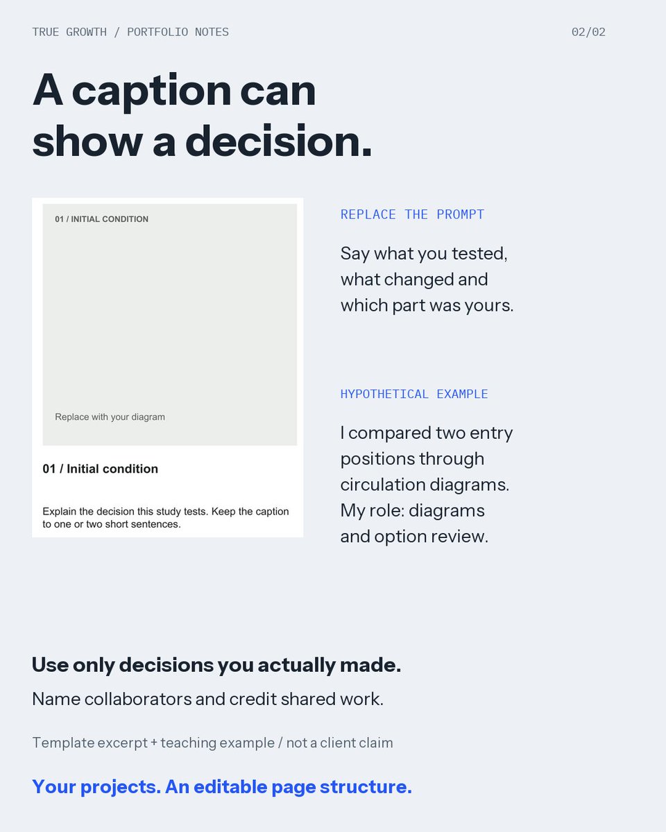 truegrowth777's tweet photo. On a team project, can a reviewer tell what YOU contributed?

Name your role, explain one decision and credit collaborators.

Actual layout from our editable architecture portfolio. Your own work required.
https://t.co/Ifjx3SY9Mh
#ArchitecturePortfolio https://t.co/S9rgCbeTZO