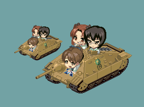 Hidaka219's tweet photo. ガルパンエンディング風カメさんチームと38t改ヘッツァーのドット絵。
最終章5話のクオリティに感動した余波で久々にポチポチ打ってました。なんと10年ぶりに。
アニメーションは近いうちにでも作ろうかな～と思っています。
#ガルパン #pixelart https://t.co/kyxAPn6tDh