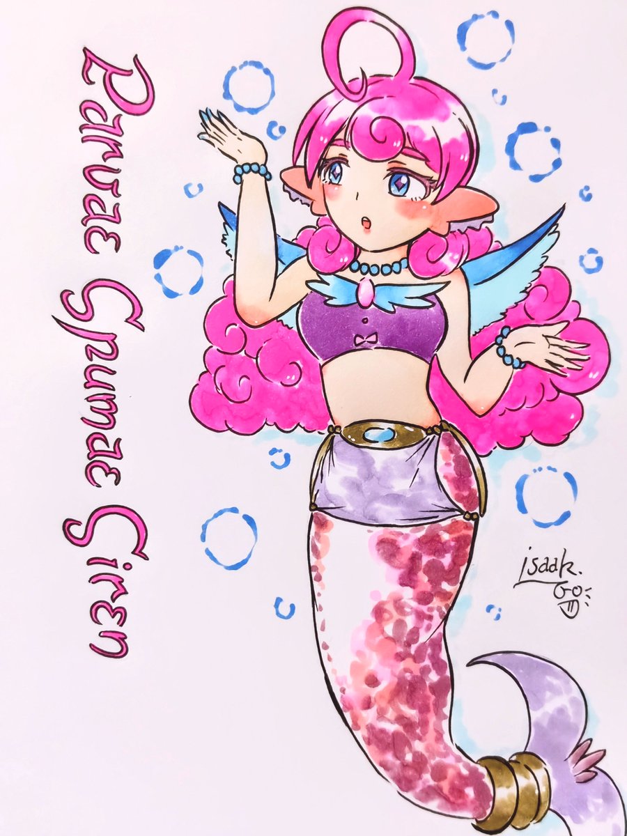 AetherneliaeMJS's tweet photo. #自分で生み出した一次創作オリジナルキャラを流そう
うたかたの人魚姫シャウマーロ
(Parvae Spumae Siren; Siaumaro)

ピンクのふわもこの髪がチャームポイント。ハープを奏でて歌うのが好き。意外と目立ちたがり屋さん…？
背中に青い羽があり、飛行可能。卵生ゆえにおヘソが無い！
#MoJoSa https://t.co/tOdLzA9tov