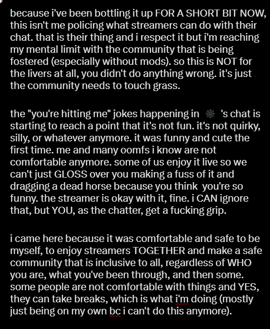 Leporias's tweet photo. i don't care if you retweet this. if it reaches the people mentioned, i don't care. i needed to speak on this because i am not gonna sit here anymore and act like this is something that is gonna be okay after we get mods.

sincerely, a disappointed varling. i'm taking a soft break. 

close mutuals can dm me for my discord or anything if you wish to keep in touch. i'll just keep to myself, write fanfics, do art... but i can't be active when this is happening.