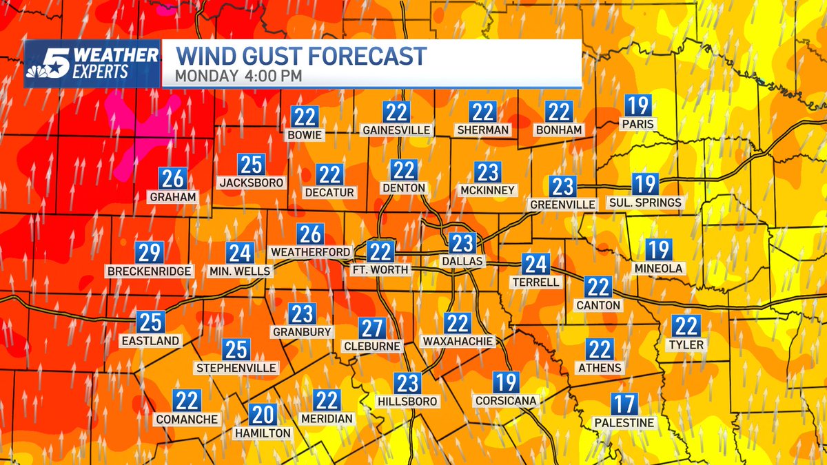 NBCDFWWeather's tweet photo. 9:52 p.m. Sunday: A mostly clear start with lows into the mid-60s to lower-70s. Sun and clouds for the afternoon with highs into the upper-80s to lower-90s. Have a marvelous Monday! @nbcdfw @ksmithnbc5 #NBCDFWWeather @NBCDFWWeather https://t.co/yaFu0hf3wt