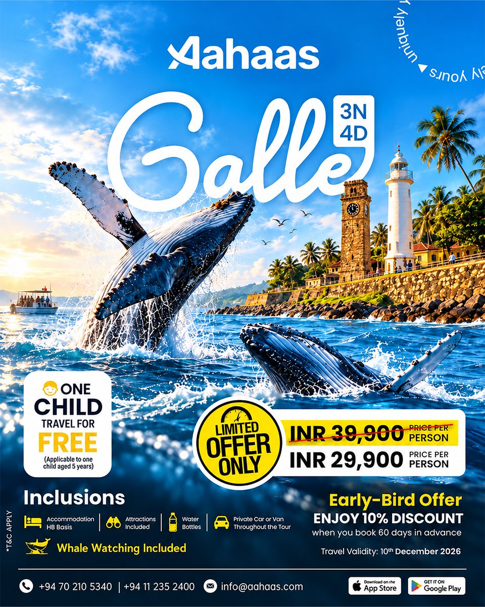 1903sewda's tweet photo. Galle Getaway: 3 Nights, 4 Days from INR 29, 900 per person. One child aged 5 or below travels free. Includes half-board stay, private transport, attractions, whale watching and water. Book 60 days early for 10% off. Valid until 10 Dec 2026. https://t.co/EtQxtmH5Jo
