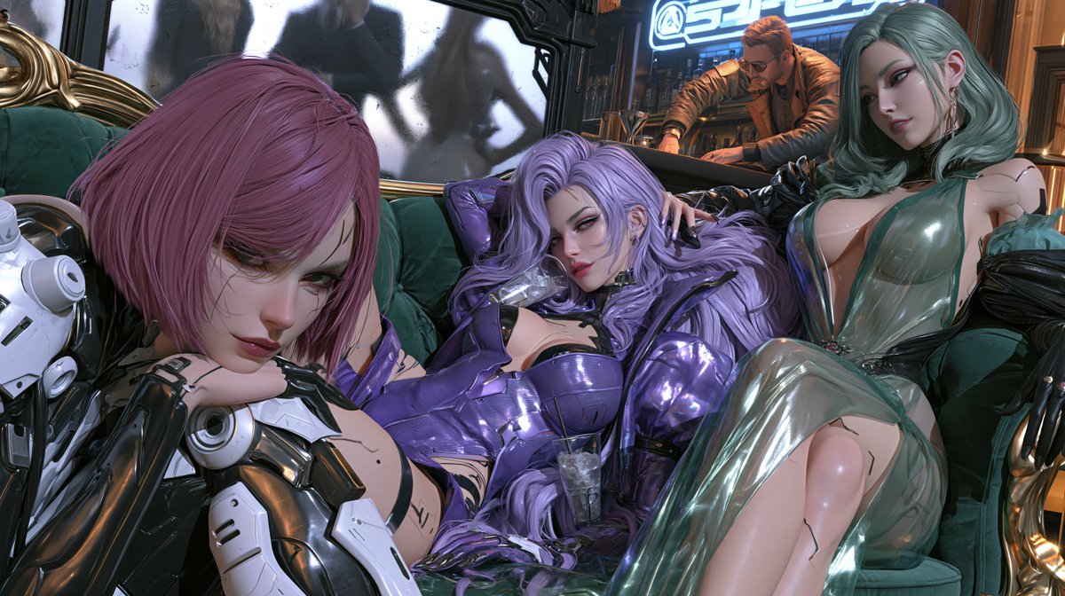 zhouzanpeng2's tweet photo. Luxury cyberpunk cocktail lounge inside a futuristic megacity, elegant velvet sofa with golden details, three stylish cyberpunk women relaxing after work, one woman with short magenta hair leaning forward, one glamorous woman in a purple futuristic dress reclining with a drink, one woman wearing a transparent emerald evening gown sitting sideways, silhouettes of wealthy guests behind frosted glass, bartender working under neon signs, teal and warm golden lighting, luxury nightlife atmosphere, cinematic composition, sophisticated fashion, Blade Runner 2049, Ghost in the Shell, Deus Ex, ultra realistic concept art, volumetric lighting, masterpiece --chaos 8 --ar 16:9 --raw --profile buhneiy --stylize 250 --hd --v 8.2
