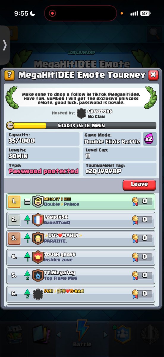 MegaHitIDEE's tweet photo. Double elixir mode tourney for princess emote 
Password is in tourney bio https://t.co/ZsZn7Xoha5
