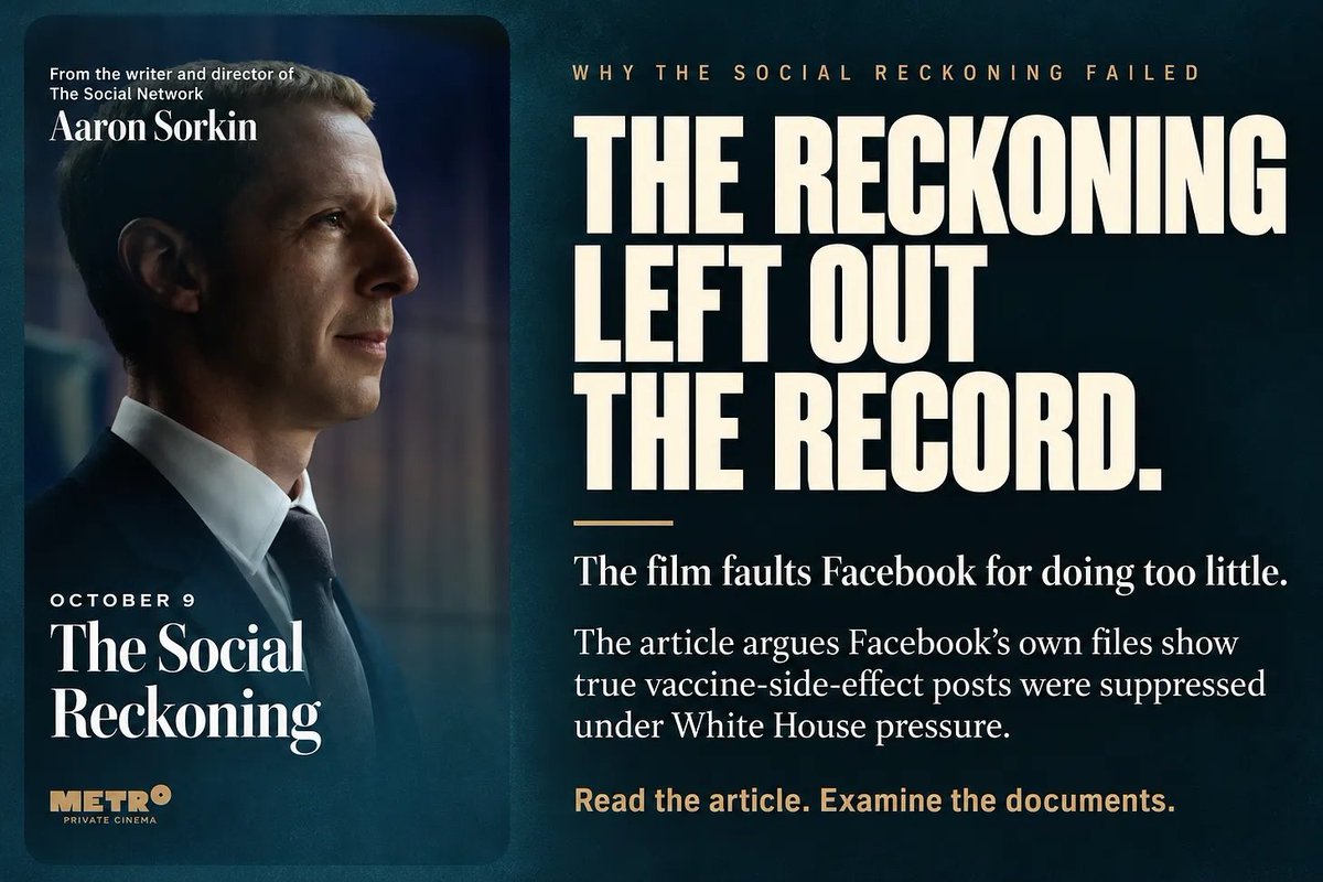 sayerjigmi's tweet photo. 1/ 🚨Sorkin's new film says Facebook didn't censor enough.

Facebook's own July 2021 memo:

"The Surgeon General wants us to remove true information about side effects if the user does not provide complete information about whether the side effect is rare and treatable." https://t.co/MzDKTEwRxc