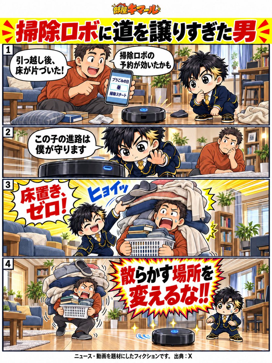 heyakimeru's tweet photo. 片づく暮らしのきっかけは、掃除ロボの予約習慣。
その進路を守ろうとしたキマールが、住人の扱いを盛大に間違える�� https://t.co/O1WGB4mBWB